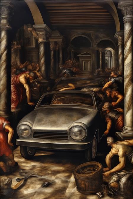 00526-874218469-_lora_Tintoretto Style_1_Tintoretto Style - reate an ancient painting in Tintoretto syle, that depict a car in the garage.png